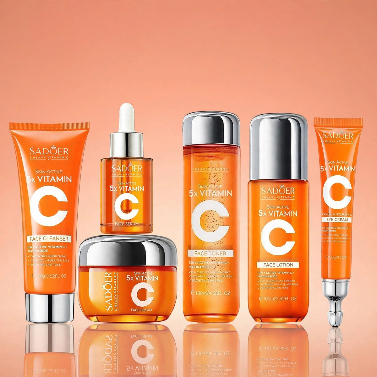 5X Vitamin C Skincare Set on peach background